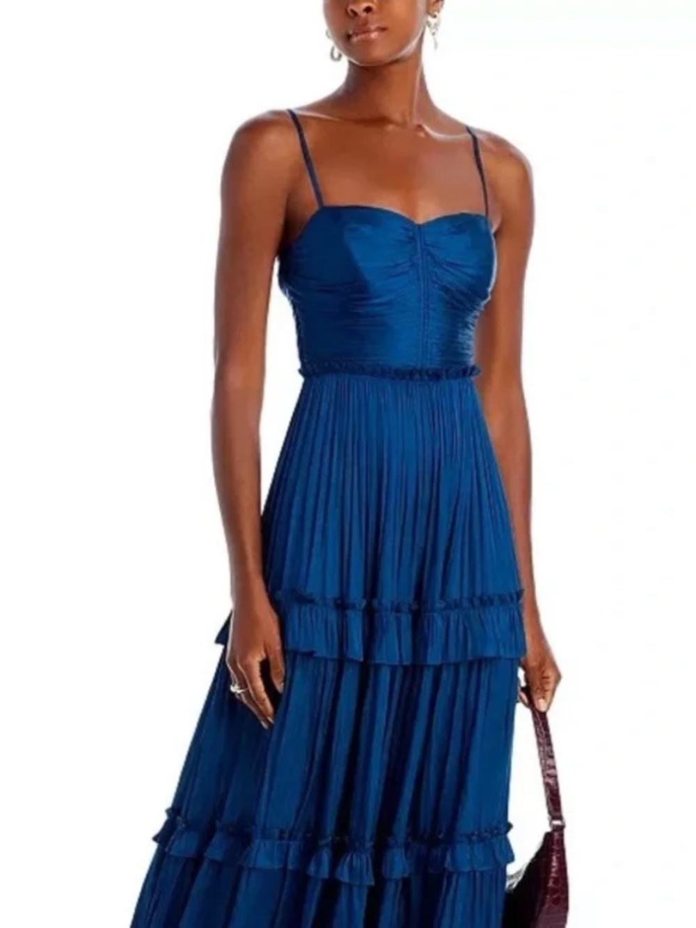 AQUA Ruched Blue Tiered Midi Dress Size Small